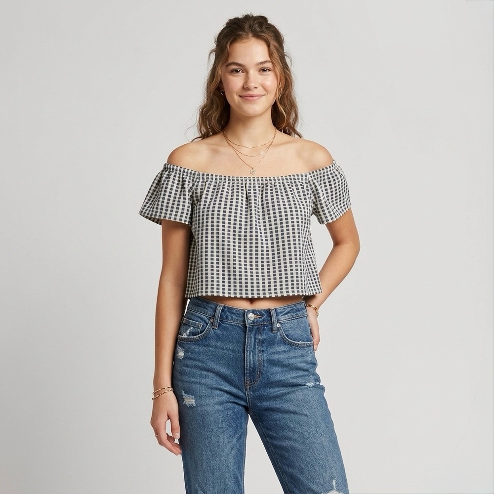 Zara Gingham Checkered Navy Blue & White Off Shoulder Picnic Crop Top Size Small